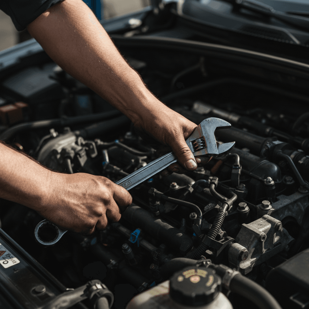 Close-up of mechanic's hands with wrench in engine bay