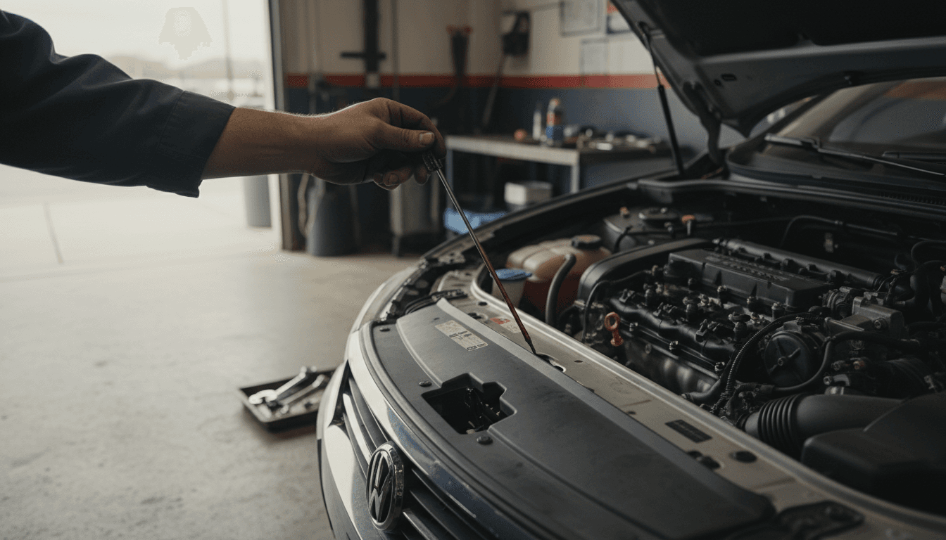 Mechanic checking engine oil dipstick in a Houston shop