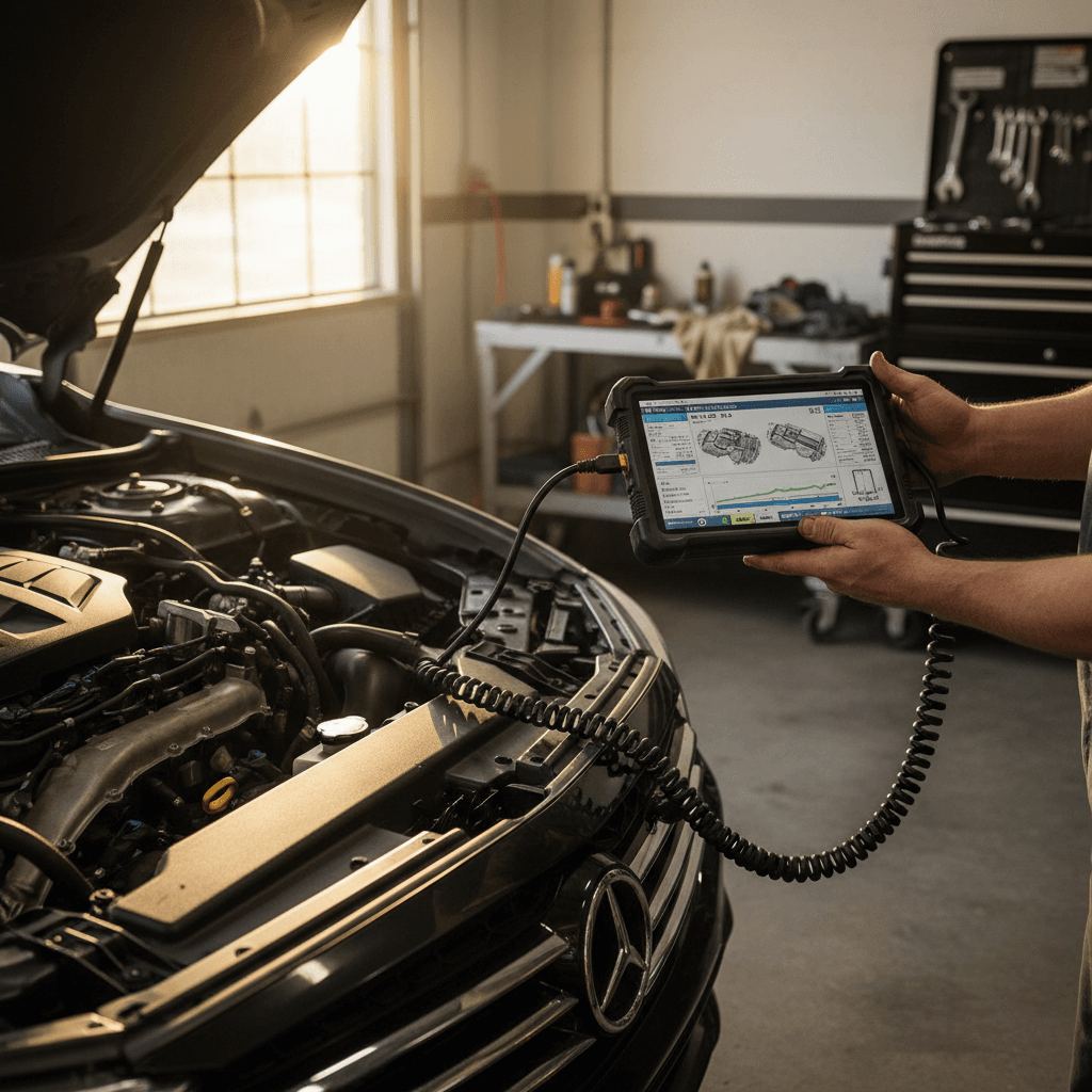 Diagnostic tablet connected to an open car hood in a Houston garage