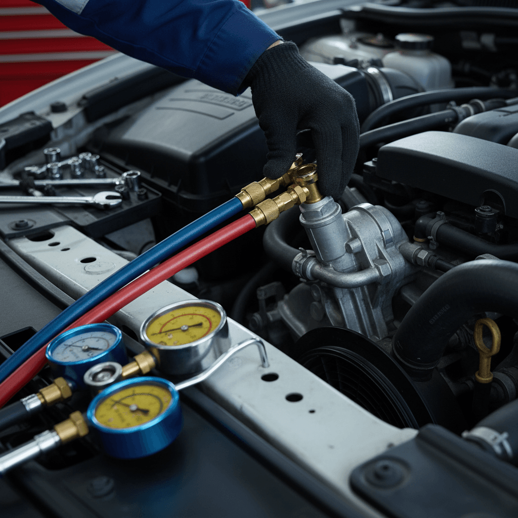 Technician's hands precisely connecting refrigerant charging equipment to vehicle air conditioning system port in professional garage