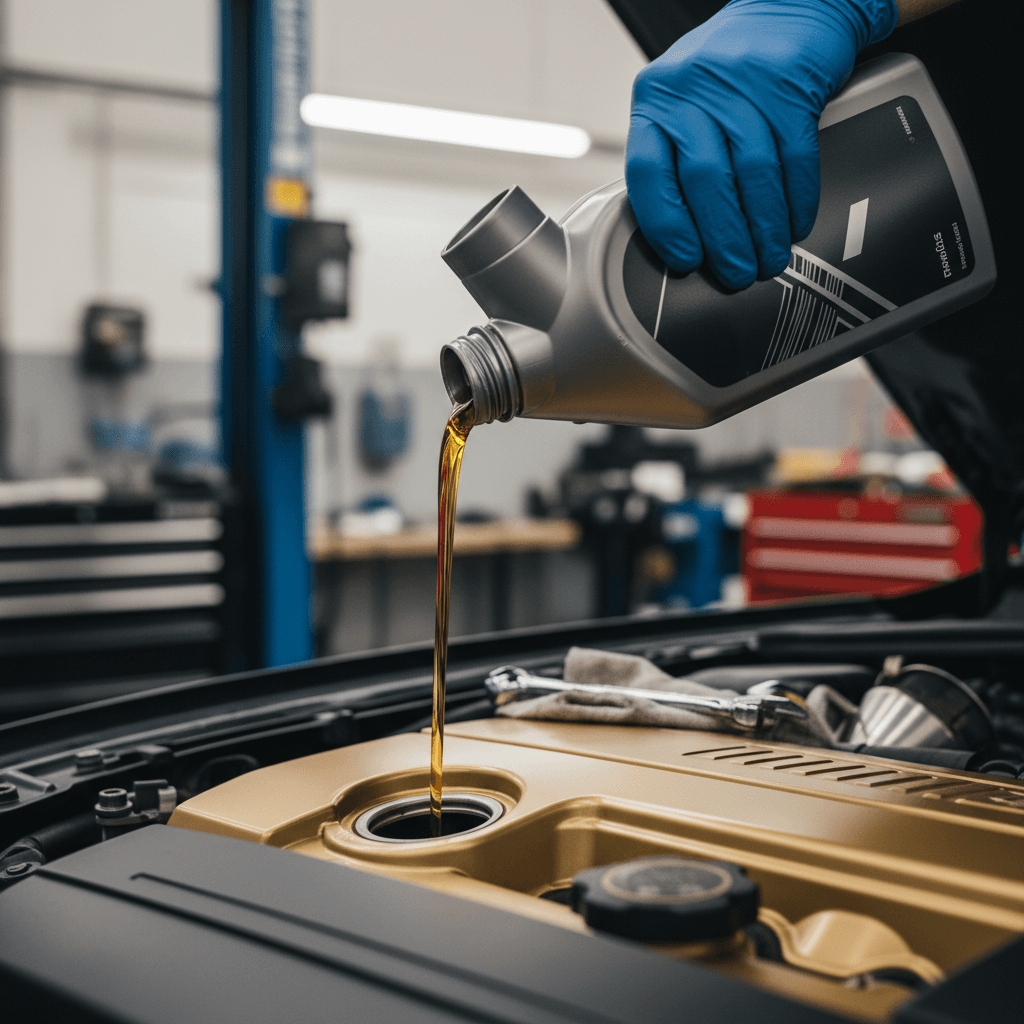 Mechanic pouring premium synthetic motor oil into vehicle engine during maintenance procedure