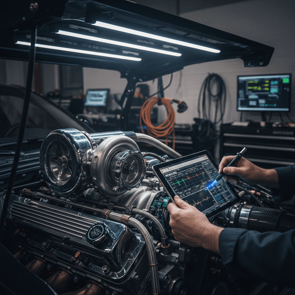 Skilled technician adjusting turbocharger components on high-performance engine in professional automotive workshop with dramatic lighting