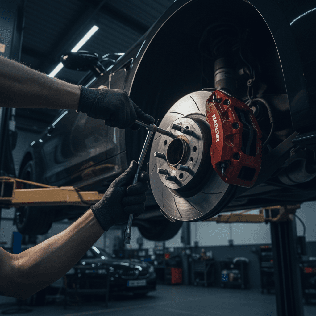 Mechanic's hands precisely installing brake pads on vehicle suspended on hydraulic lift with dramatic workshop lighting