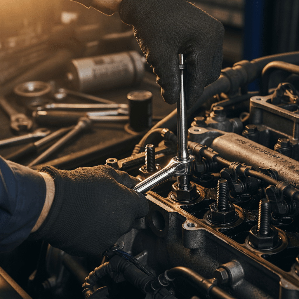 Grease-stained mechanic hands gripping a wrench over an open engine bay