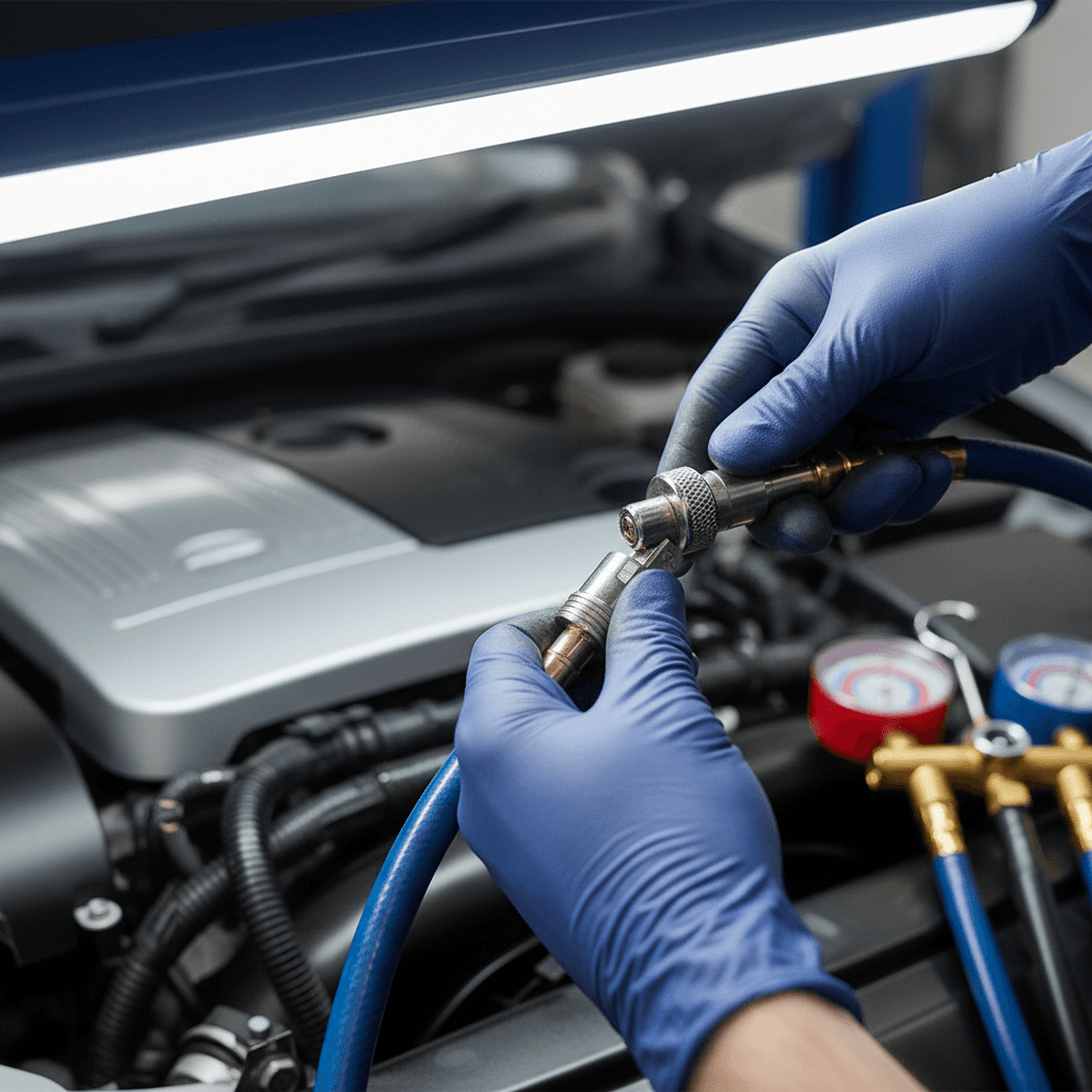 Technician's gloved hands precisely connecting refrigerant charging hose to vehicle air conditioning service port