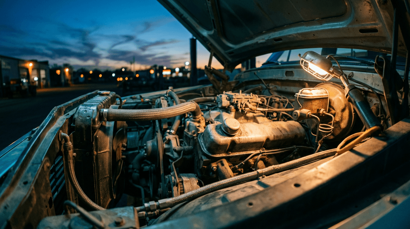 Exterior of a small Houston auto shop at golden hour with a mechanic standing inside