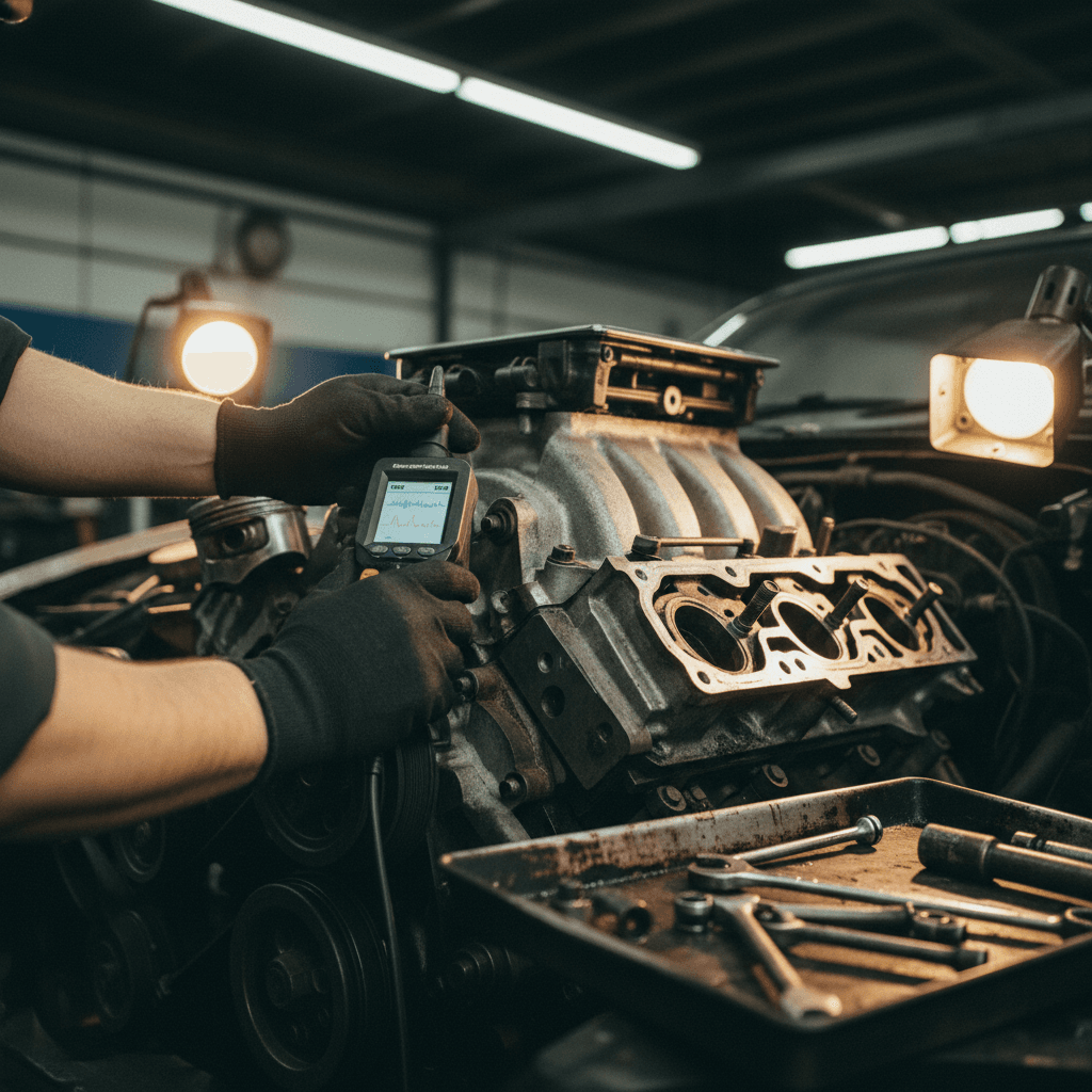 Close-up of a mechanic's hands with a wrench over an engine bay