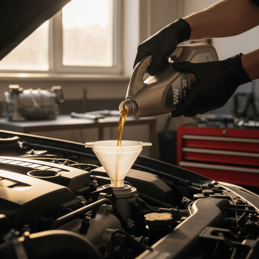 Technician's gloved hands carefully pouring engine oil into vehicle's engine bay during professional oil change service