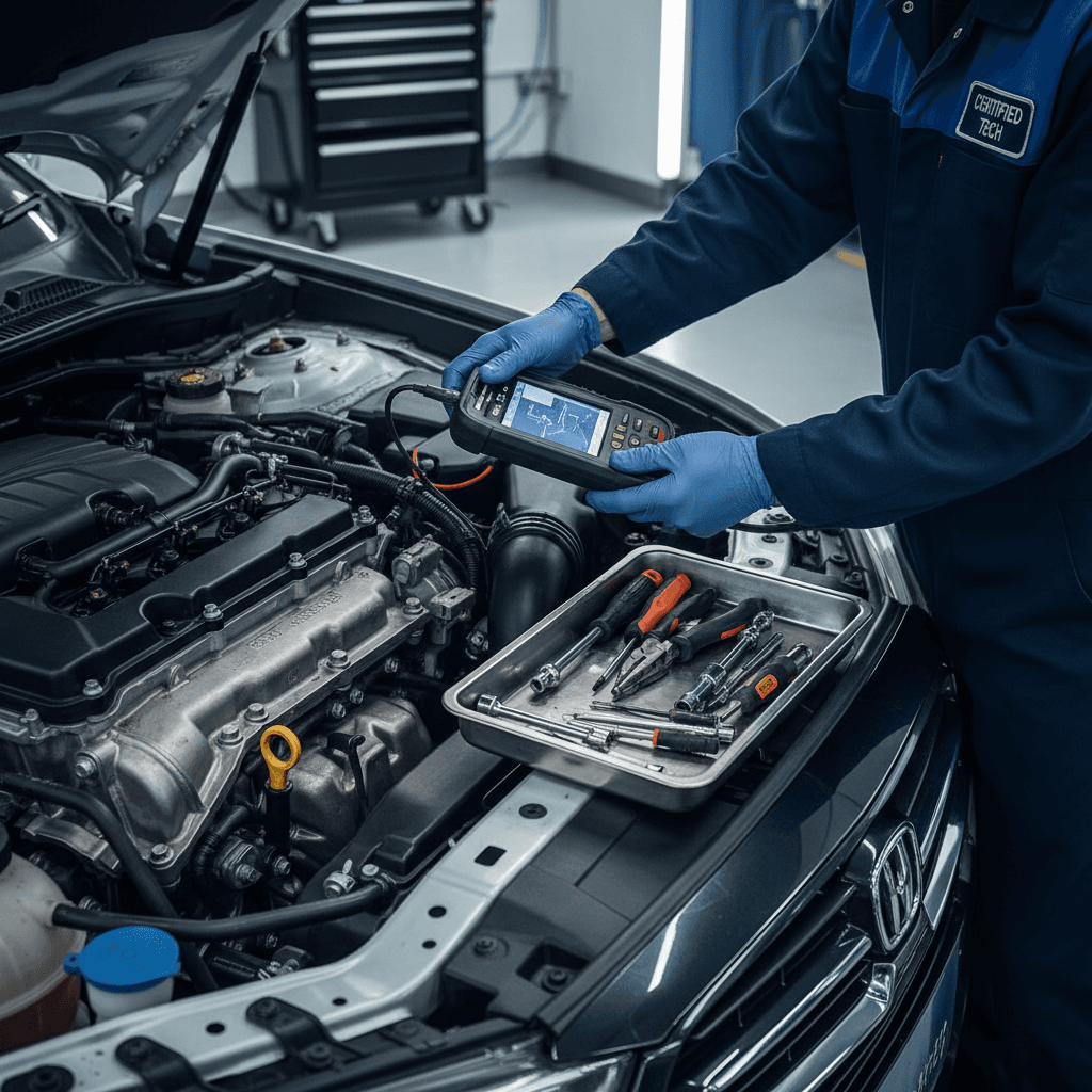 Close-up of certified technician's hands performing detailed engine diagnostics in professional workshop