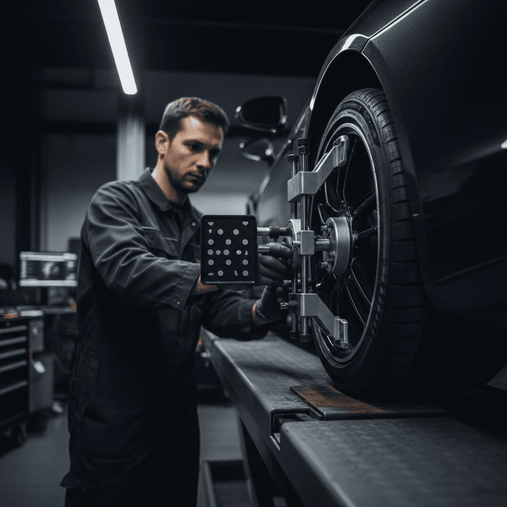 Technician's hands adjusting wheel alignment equipment on lifted vehicle in professional garage with dramatic overhead lighting