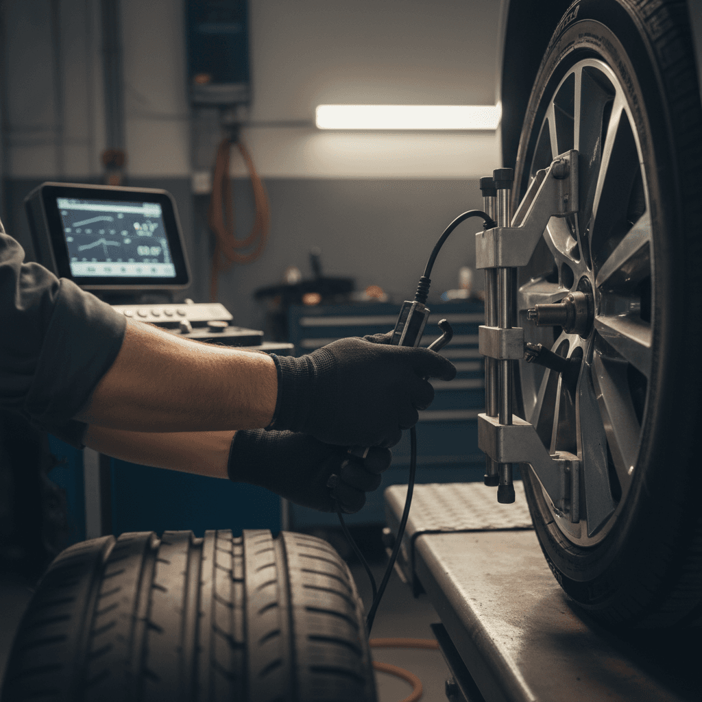 Skilled technician's hands performing precision tire alignment work with professional diagnostic equipment in garage
