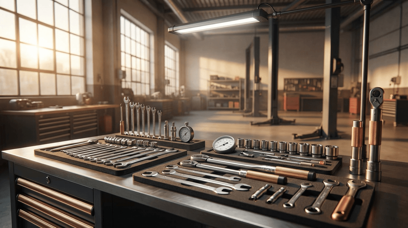 Clean but well-used single-bay mechanic shop with a car on a lift