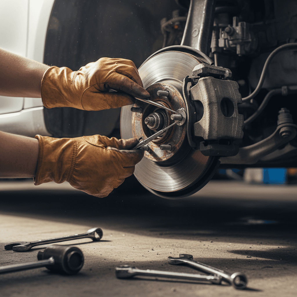Mechanic's hands inspecting brake pads and rotor on vehicle wheel from underneath, showing detailed diagnostic work
