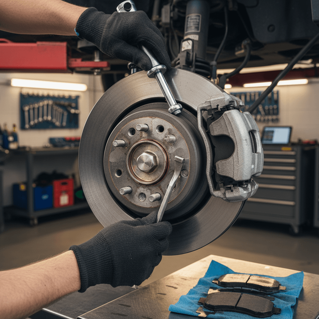 Technician's hands performing precision brake pad replacement on vehicle's disc brake assembly in professional workshop