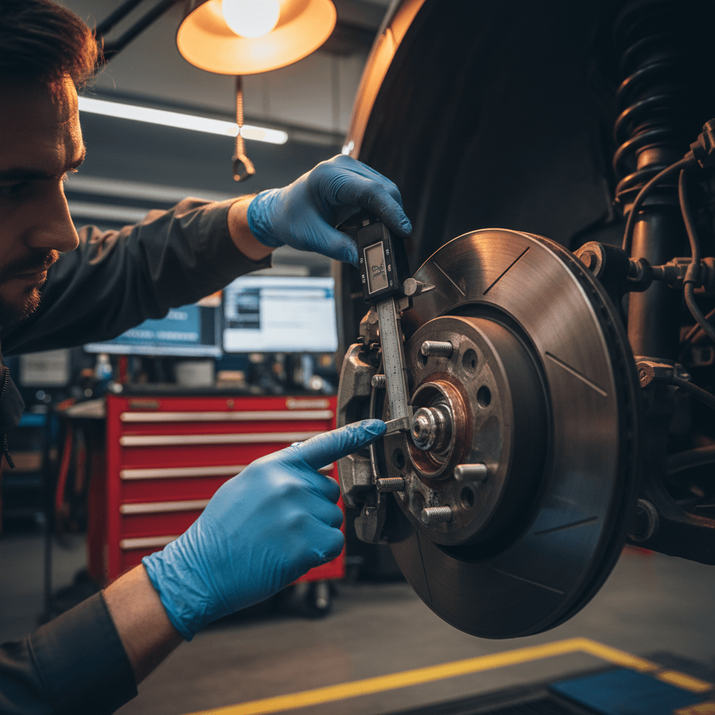 Technician's hands inspecting brake pads and rotors with diagnostic tools in professional automotive service bay