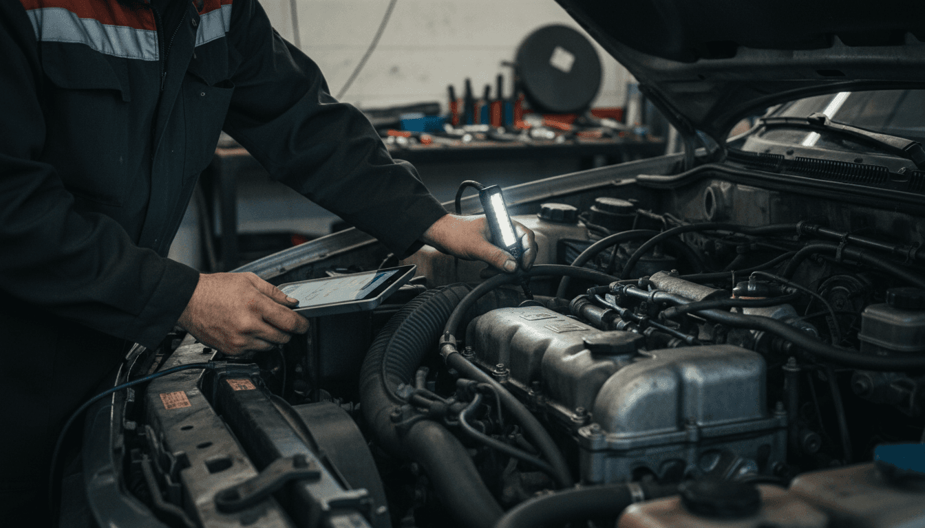Mechanic's hands performing detailed engine diagnostic inspection under vehicle hood using specialized equipment